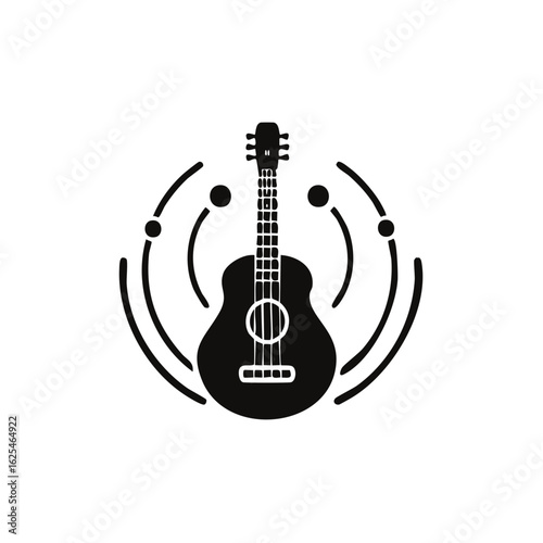 Black silhouette of an acoustic guitar with sound waves and musical notes in a circular emblem