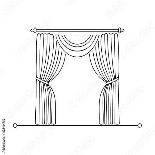 Elegant line art of classic draped curtains with a swag valance and tie-backs on a rod