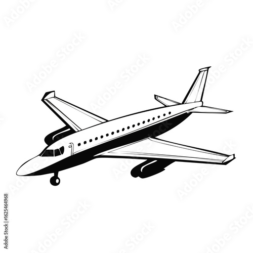 Black and white outline vector of a passenger airplane flying for global transportation