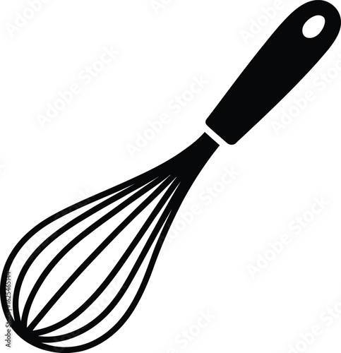 Black silhouette of a kitchen whisk with a handle and wire loops on a white background