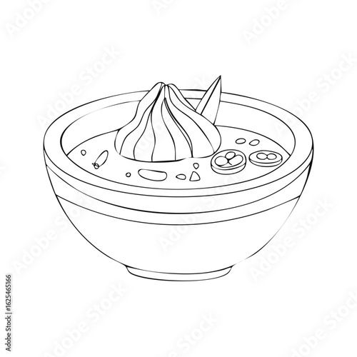 Hand-drawn illustration of a delicious bowl of soup with dumplings and garnish