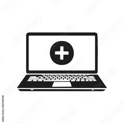 Laptop with medical cross symbol on screen representing telehealth and online healthcare services