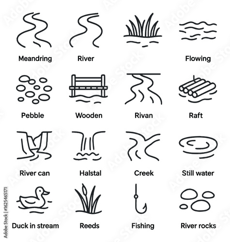 Nature linear icon set. featuring river, creek, reeds, fishing, raft, pebble, meandering, flowing, duck, wooden.