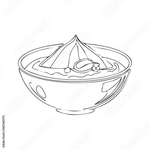 Black and white line art drawing of a bowl with hummus or sauce and pine nuts on top, isolated