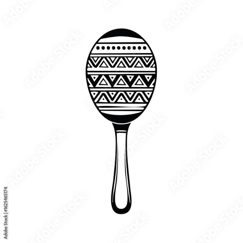Stylized black and white maraca illustration with tribal geometric patterns for music and celebration themes