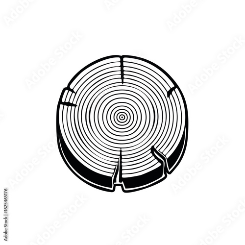 Black and white illustration of a tree trunk cross section with annual growth rings and cracks