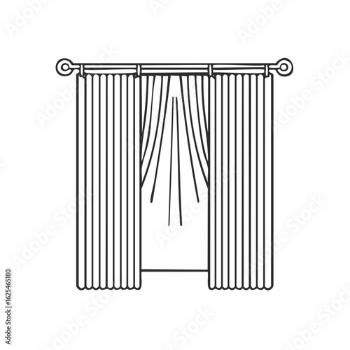 Elegant window curtains with sheer panels on a decorative rod line art illustration