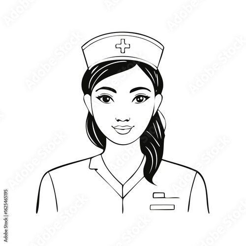 Nurse with Cap and Uniform Portrait Black and White Line Art Illustration