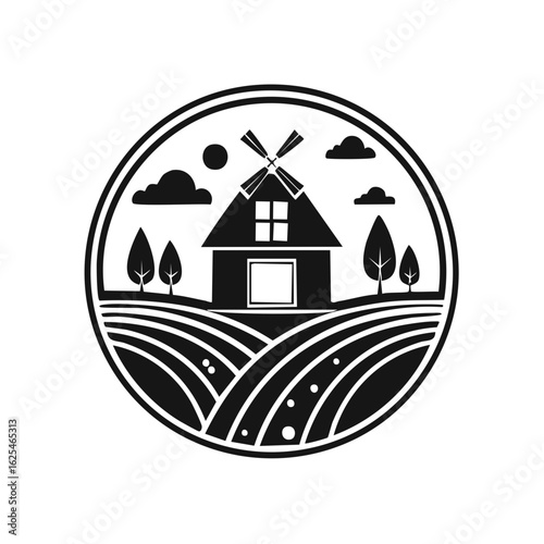 Rural farm house with windmill fields trees and sunny sky in a circular agricultural emblem.