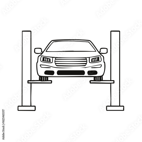Car on Automotive Lift Outline Style: Car Repair, Inspection and Vehicle Maintenance