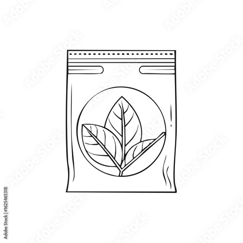 Outline illustration of a product pouch with a leaf emblem for natural or herbal products