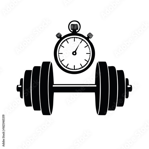 Black silhouette icon of a dumbbell and stopwatch for fitness and gym workout concept