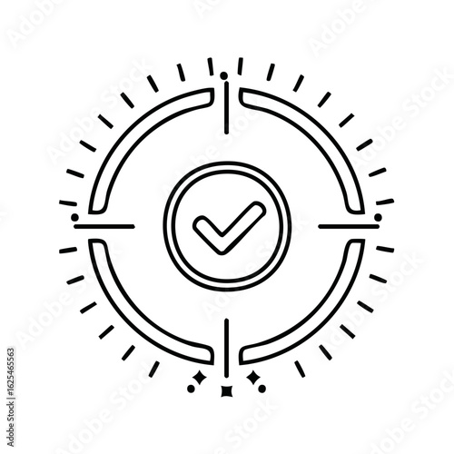 Monochrome icon presents targeted checkmark with outer ring in thin line drawing with light sparkle accents for approval