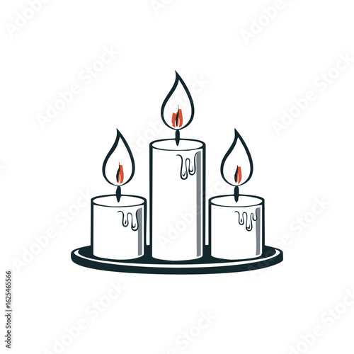 Three lit white pillar candles with dripping wax on a dark tray