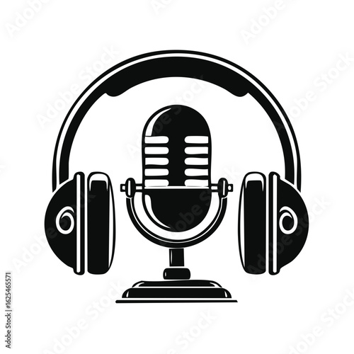 Podcast Audio with Microphone and Headphone in Black and White