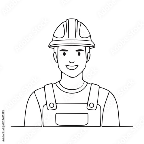 Line Art Illustration of a Construction Worker in Overalls and Hard Hat Ready for Work