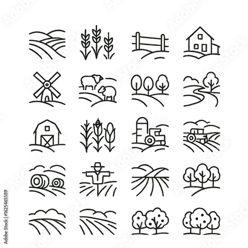 Farming linear icon set. containing fields, crops, barn, windmill, tractor, livestock and more.