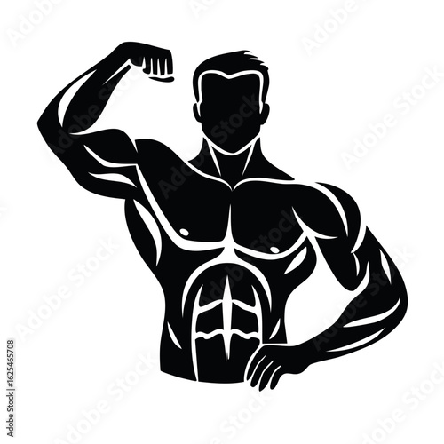 Stylized black and white silhouette of a muscular man flexing his bicep