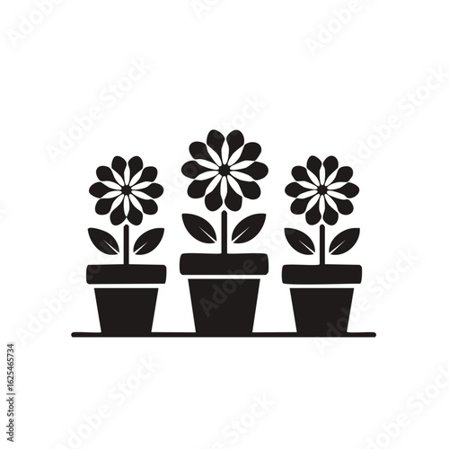 Black silhouette icon of three blooming flowers in pots on a shelf