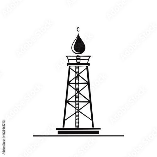 Stylized oil derrick tower with a large petroleum drop icon. Black and white vector illustration of the fossil fuel industry.