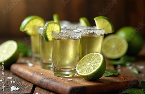 Clear tequila shots prepared with lime wedges and salt rim on rustic wooden board. Refreshing alcoholic beverage perfect for parties, celebrations, and nightlife. Taste the zest of citrus fruit.