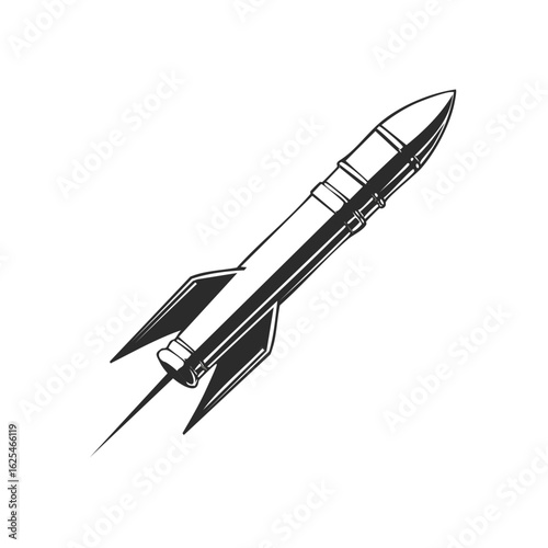 Retro style rocket ship illustration in silhouette on white background