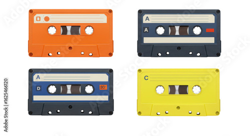 Photo of a vibrant collection of retro audio cassette tapes in orange, blue, yellow, and gray isolated on transparent background