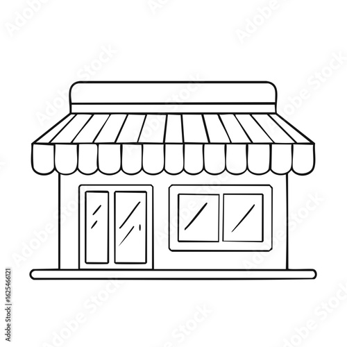 Outline Illustration of Storefront with Awning, Shop Windows, and Empty Sign