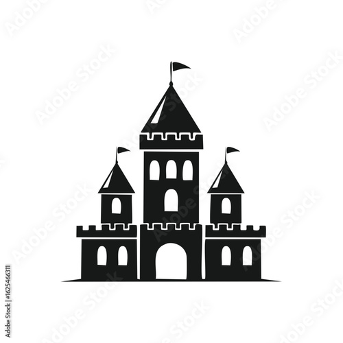 Stylized Black Silhouette Castle with Towers and Flags on White
