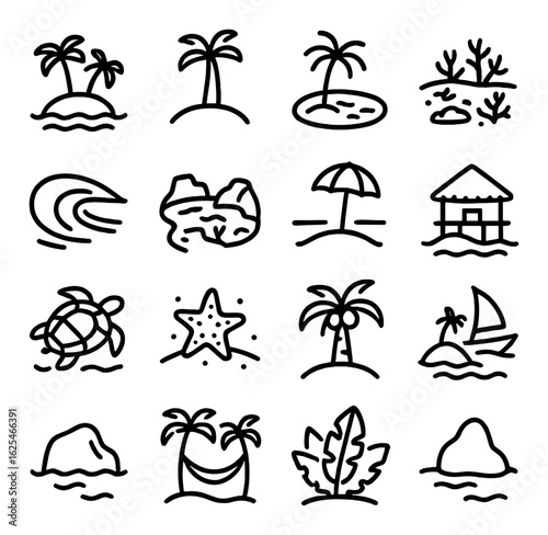 Silhouette beach icon set. includes palm tree, island, wave, umbrella, bungalow, turtle, starfish, sailboat, hammock