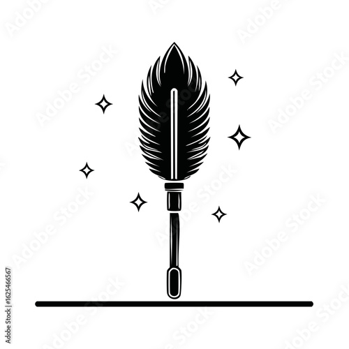 Dusting Feather Duster with Sparkles, Cleaning Tool, Black and White Illustration