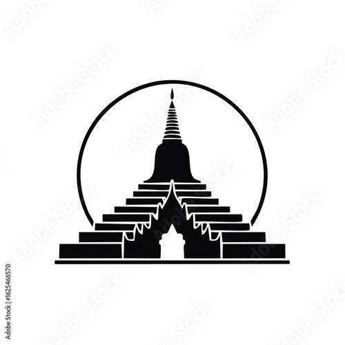 Thai Temple Stupa Illustration in Black and White Symbolizing Southeast Asia