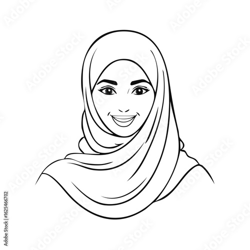 Cartoon Style Illustration of a Smiling Woman in a Hijab for Coloring or Educational Materials