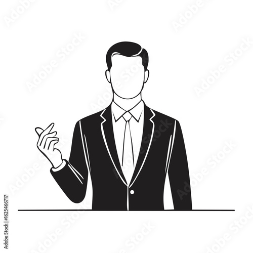 Male Figure in Suit Demonstrating Finger Heart Gesture Minimalist Black and White Style