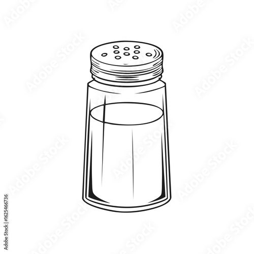 Simple black and white line drawing of a salt shaker with a clear glass body and silver colored metal lid