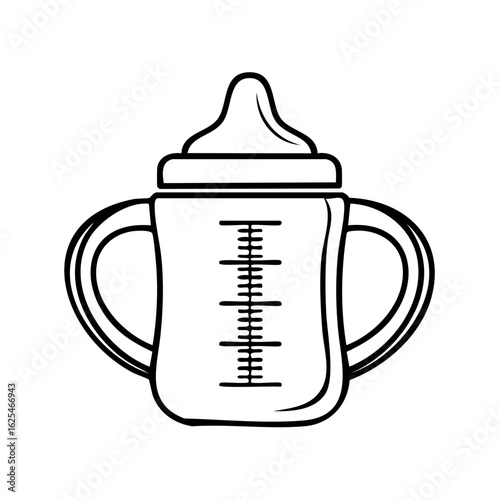 Black and white line art illustration of a baby sippy cup with two handles and volume measurements