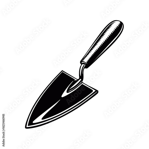 Garden trowel hand tool in a classic monochrome engraving style. Vector illustration for gardening and farming.