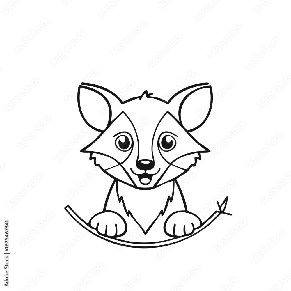Obraz premium Cute Cartoon Fox Posing on a Branch Smiling Black and White Line Art