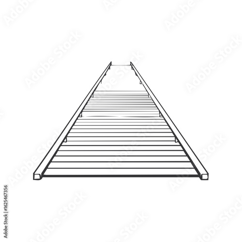 Perspective view of a long, narrow wooden staircase with handrails receding into the distance