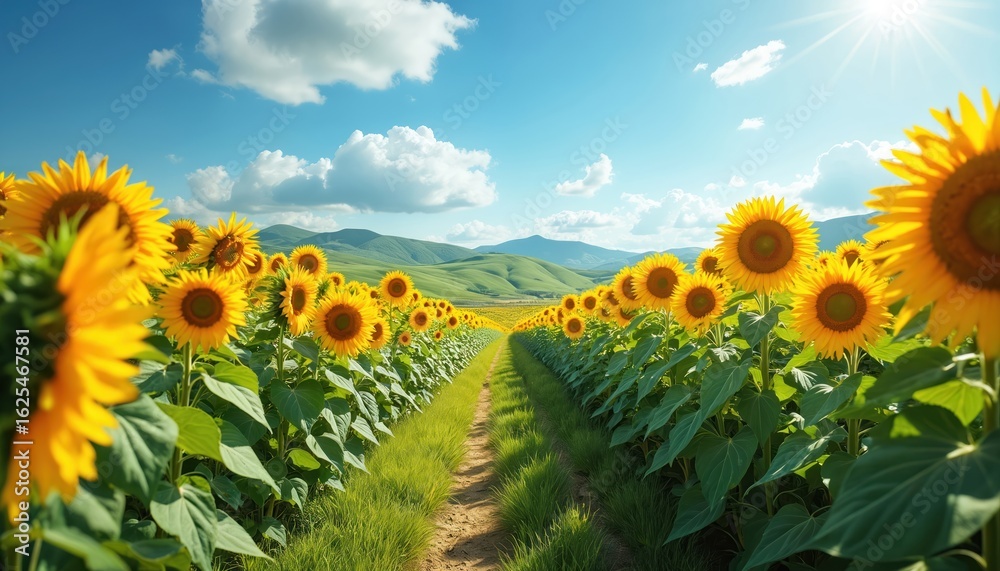 Obraz premium Vibrant sunflowers bloom under clear midday sky, filling rural landscape. Rolling green hills, bright sun create warm, cheerful summer atmosphere. Grassy path leads through expansive field, nature