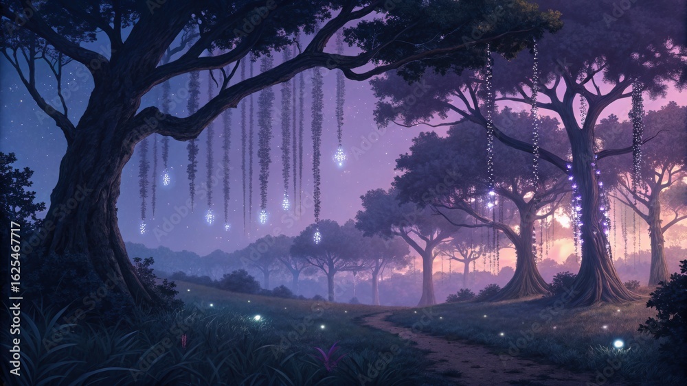 Fototapeta premium Enchanting forest path with glowing lights, creating a magical and whimsical landscape scene