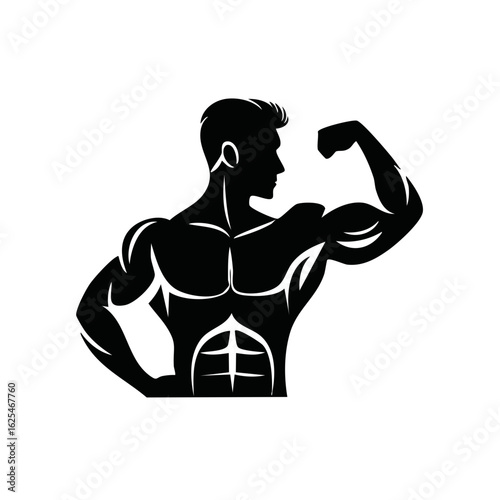Muscular man bodybuilder flexing bicep showing strong powerful physique fitness silhouette vector art