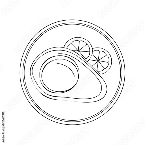 Minimalist line art drawing of a poached egg with citrus slices on a plate