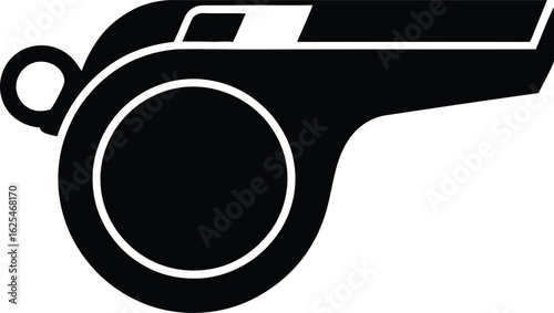 Simple black silhouette of a sports whistle with a white stripe on a white background