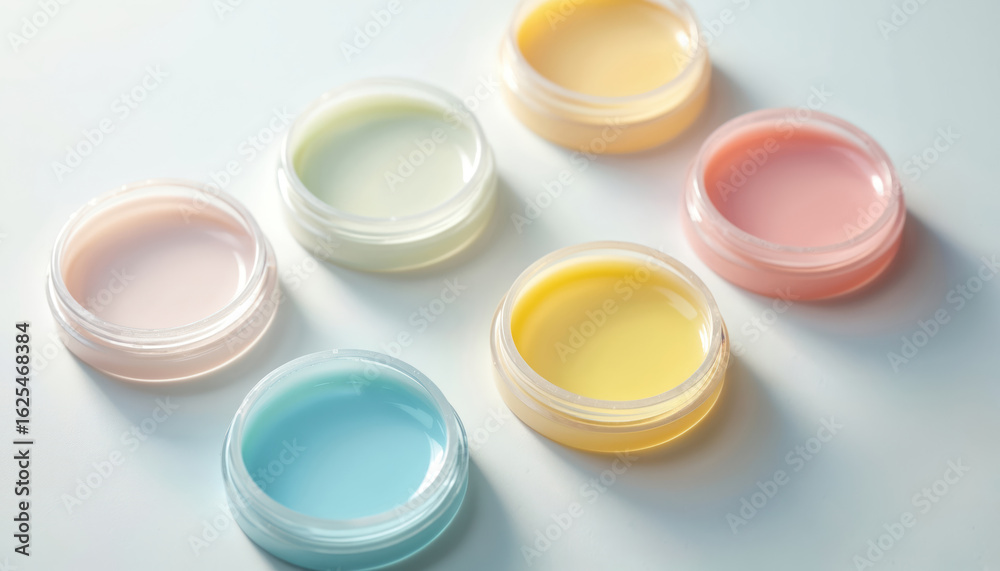 Collection of small jars containing colorful cosmetic creams in pastel shades. Includes soft pink, pale green, yellow, light blue, peach hues. Smooth, clean creams arranged on white background, Collection of small jars containing colorful cosmetic creams in pastel shades. Includes soft pink, pale green, yellow, light blue, peach hues. Smooth, clean creams arranged on white background,