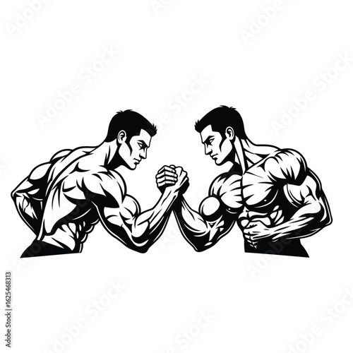 Vector art of two muscular men arm wrestling, black and white silhouette illustration, isolated on white background