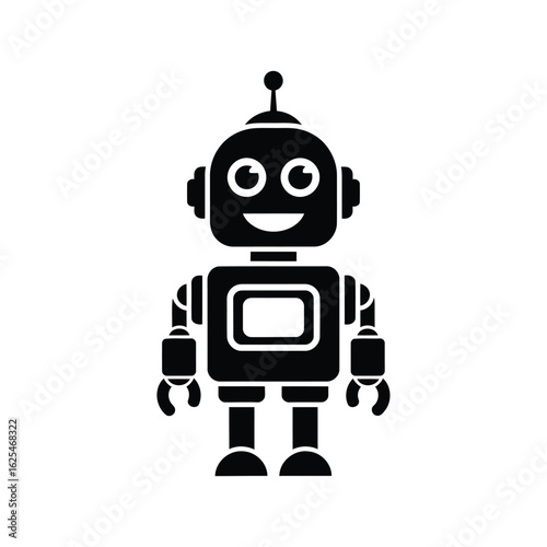 Vector art of black silhouette of a friendly, smiling cartoon robot with antennae and square body, isolated on a white background