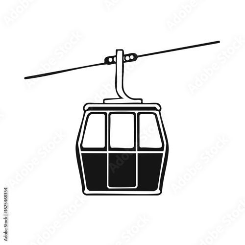 Stylized gondola lift icon illustration on cable in black and white, mountain ski resort simple graphic