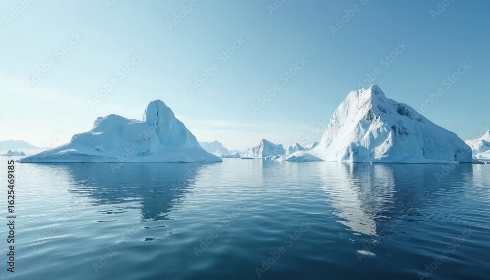 custom made wallpaper toronto digitalMajestic icebergs drift on calm, blue ocean waters under clear sky. Massive white glaciers reflect in sea, serene arctic antarctic nature. Solitary icy formations create pristine wilderness landscape.