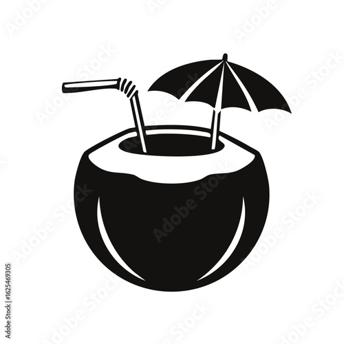 Tropical coconut cocktail with a straw and umbrella vector icon graphic